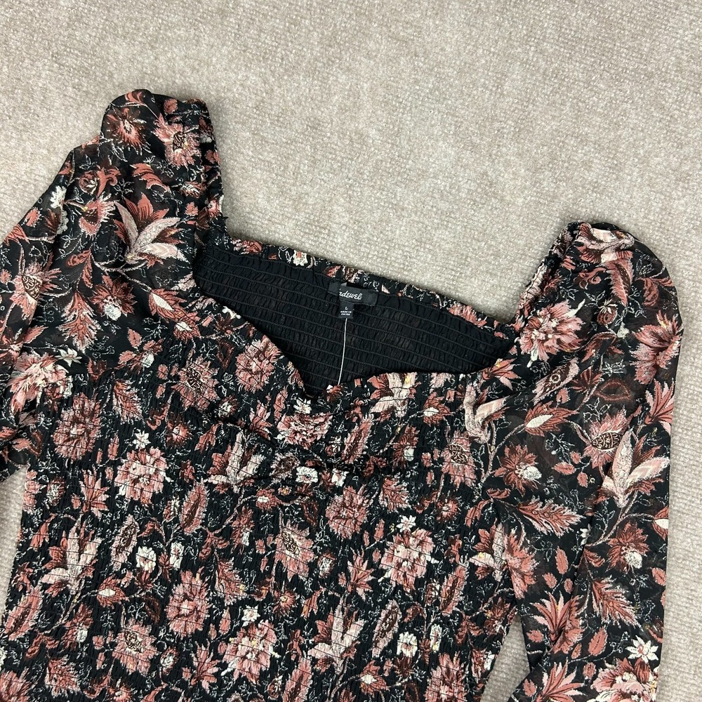 Madewell Lucie Smocked Top Women Large Multi Floral Cropped Fit Sweetheart Neck